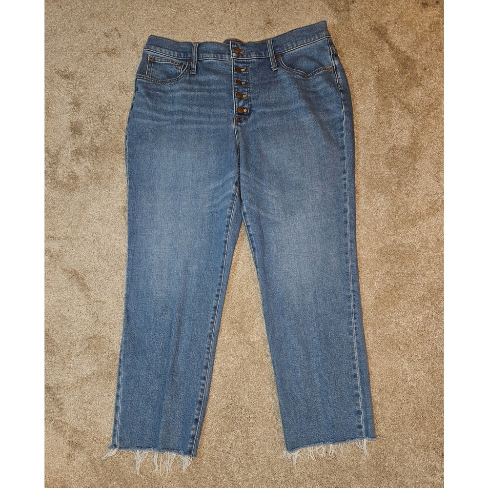 J.Crew Essential Straight Jeans Womens 34 Blue Button Fly Raw Hem Classic Preppy